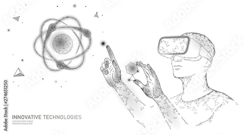 Virtual reality science research concept. Engineer work on project augmented reality. 3D glasses headset vr data analysis digital device. Online medicine technology vector illustration