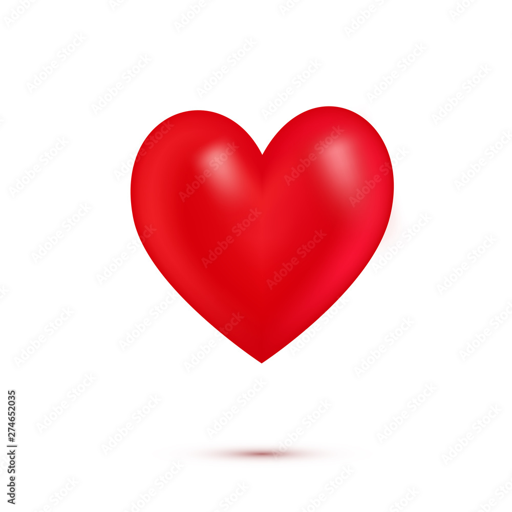 Red 3d realistic heart isolated on white background. Simbol of love, sign. Flying icon of heart with shadow. Decorative element for greeting card, poster, print. Vector illustration.
