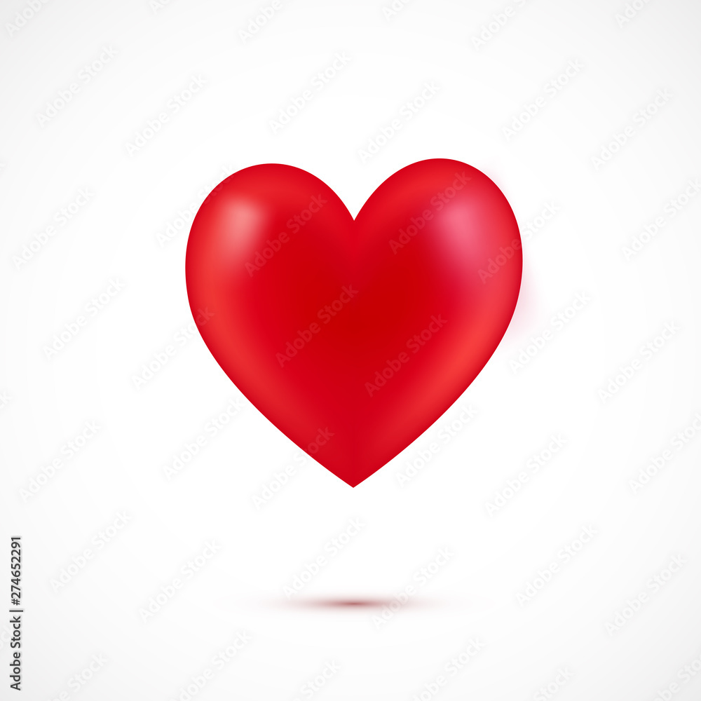Red 3d realistic heart isolated on white background. Simbol of love, sign. Flying icon of heart with shadow. Decorative element for greeting card, poster, print. Vector illustration.