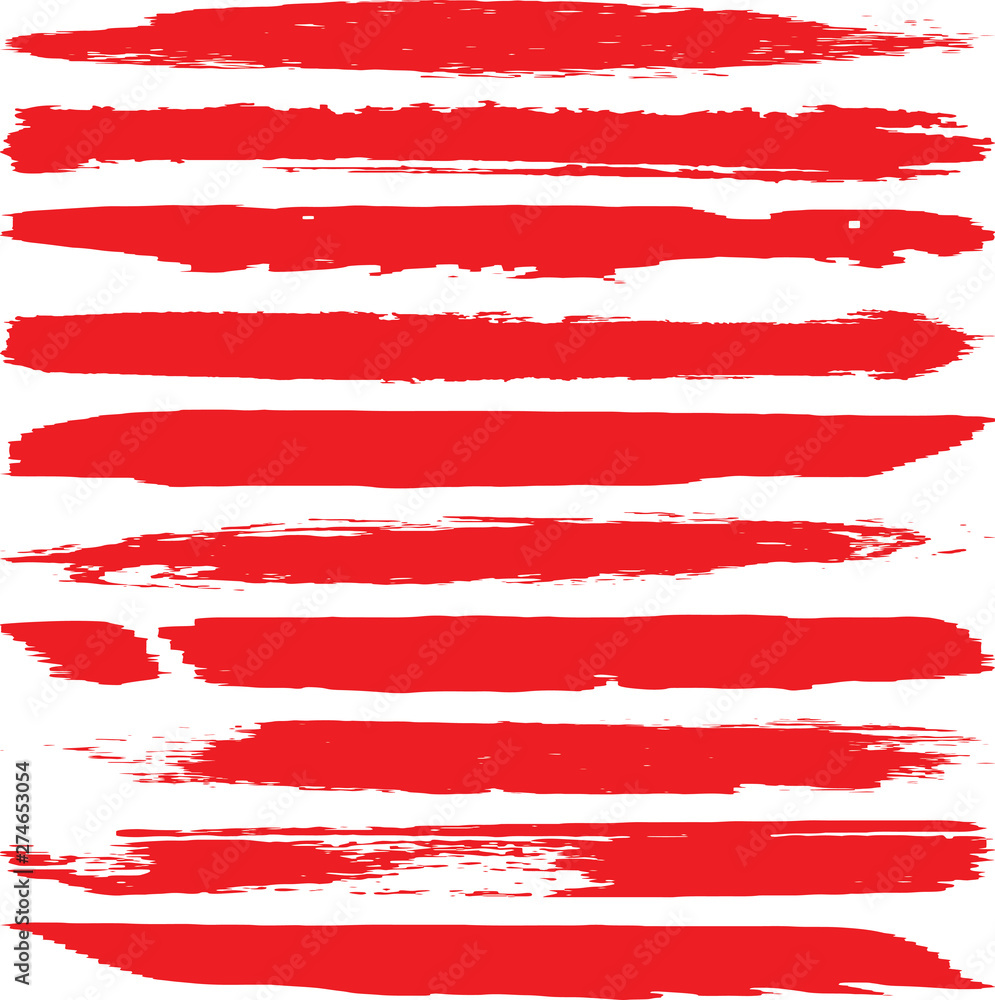 Set of vector paint strokes of red color on white background
