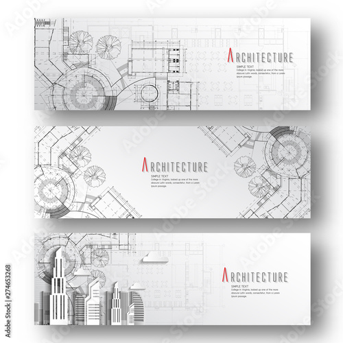 Set of horizontal banners with architectural and Blueprint background.