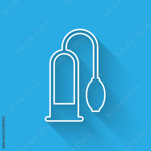 White line Penis pump icon isolated with long shadow. Penis enlarger. Sex toy for men. Vacuum pump with a blower to increase the penis. Vector Illustration