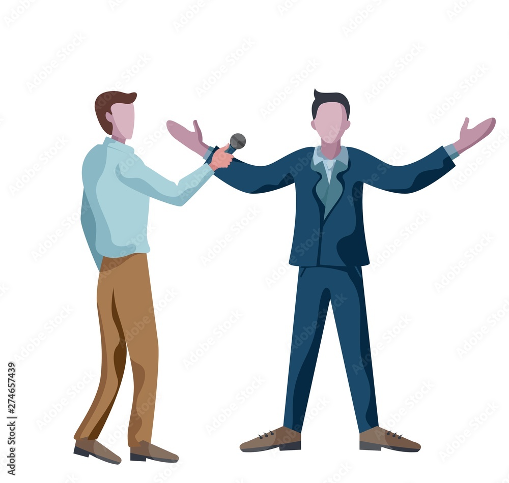 journalist interviewing businessman and business man answering with arm open journalist interviewing businessman and business man answering with arm open