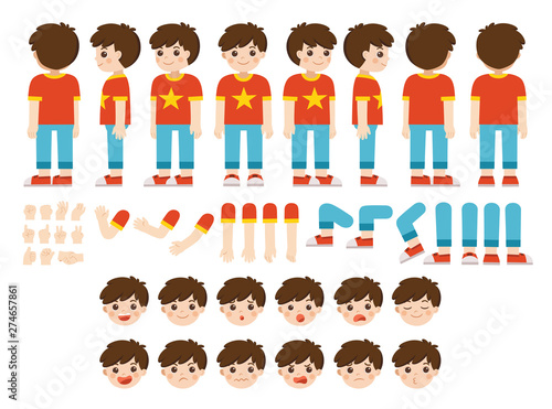 Mascot creation kit of little boy for different poses . Vector constructor with various views, emotions, poses and gestures. Schoolboy character creation set.