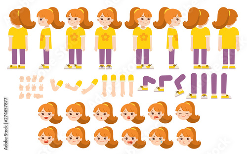Mascot creation kit of little girl for different poses . Vector constructor with various views, emotions, poses and gestures. Schoolgirl character creation set.