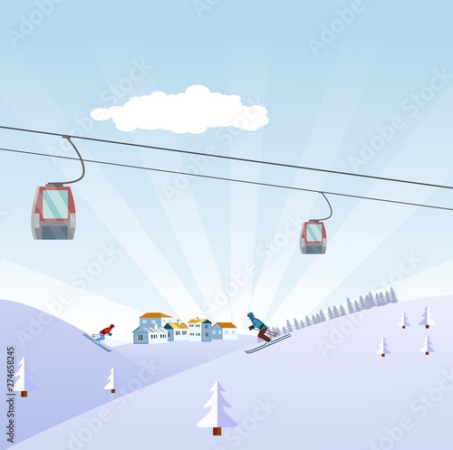 Winter time, Flat Style Beautiful Alps Landscape Illustration, snowy mountains, with skiers on slope of the hills vector