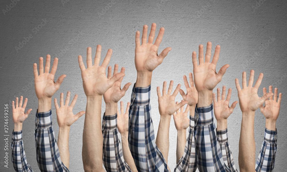 Row of man hands showing five spread fingers