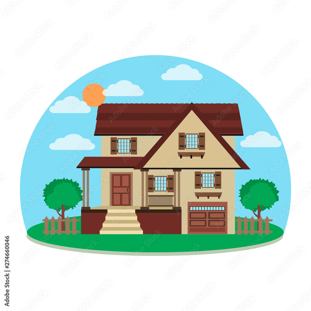House. Modern building for rent or sale. Flat vector design urban landscape background with cozy home, cottage, trees.