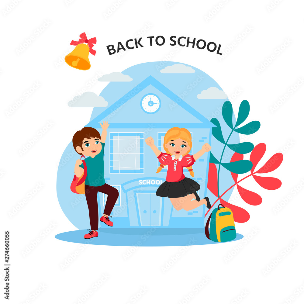 Cute boy and girl in blue school uniform. Back to school. Vector illustration for banner, invitation,  decor, interior design.