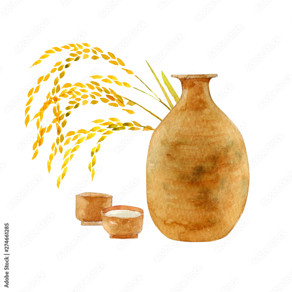 日本酒と稲穂 お猪口と徳利 水彩 イラスト Stock イラスト Adobe Stock
