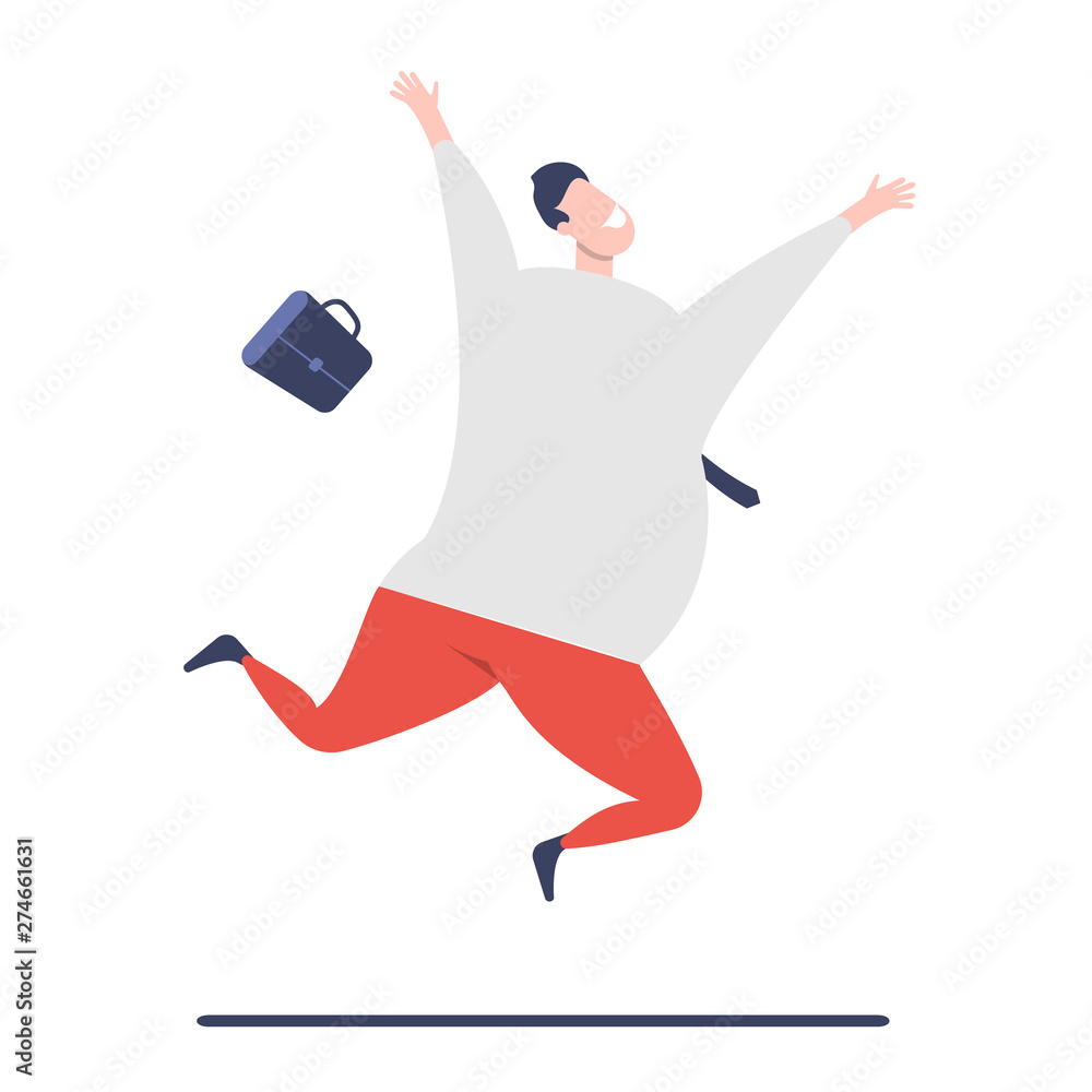 The smiling businessman jumping in the office