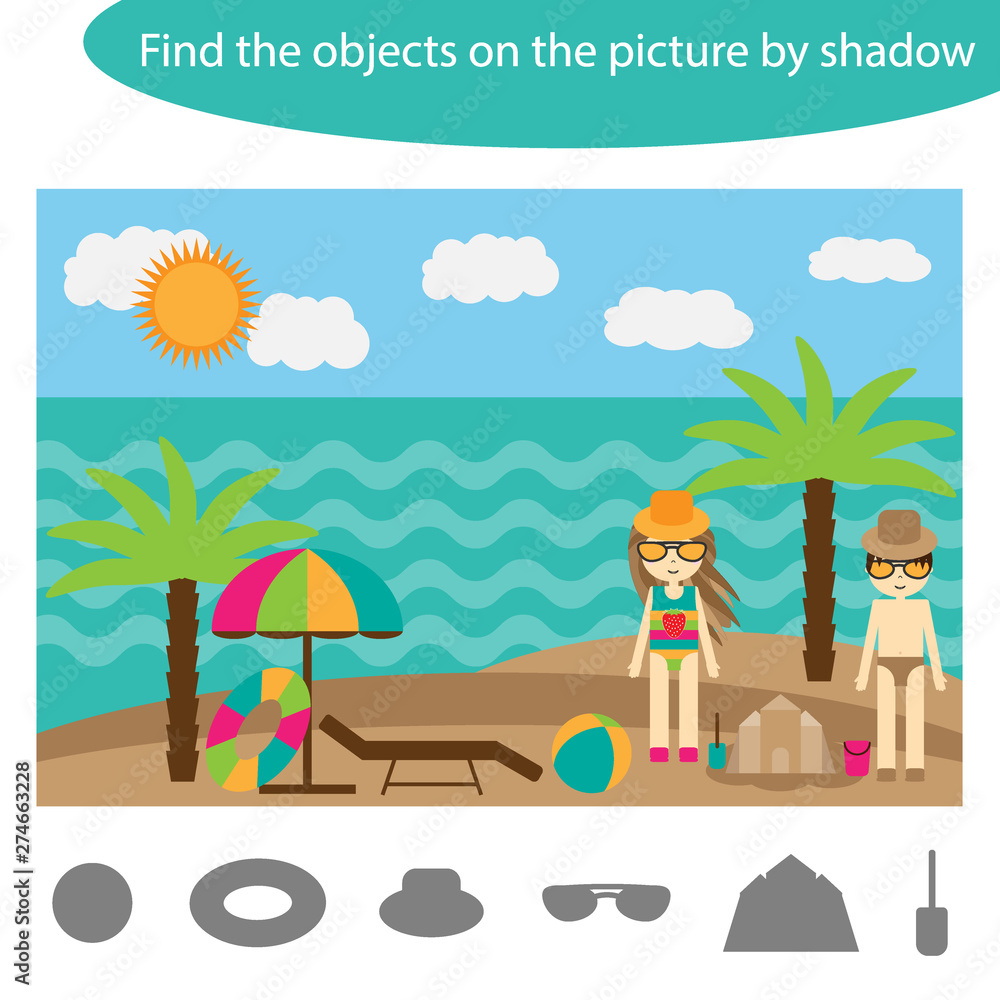 Find the objects by shadow, game with summer beach for children in cartoon, education game for kids, preschool worksheet activity, task for the development of logical thinking, vector illustration