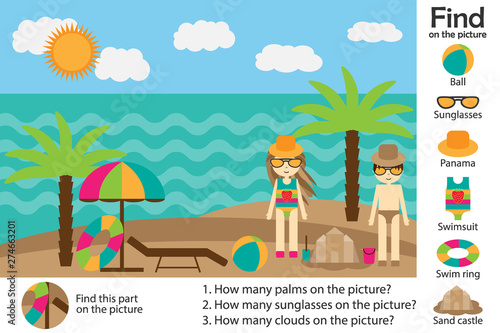 Activity page, summer beach in cartoon style, find images and answer the questions, visual education game for the development of children, kids preschool activity, worksheet, vector illustration