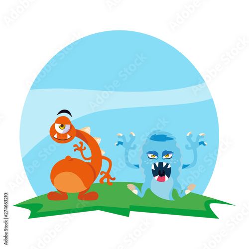 funny monsters couple in the field characters colorful