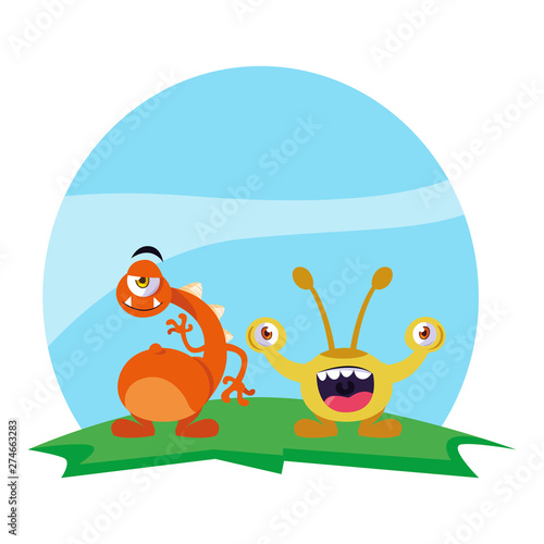 funny monsters couple in the field characters colorful