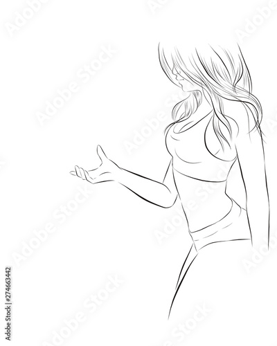 sexy healthy girl line art show hand to hold something. vector illustration isolated cartoon hand drawn