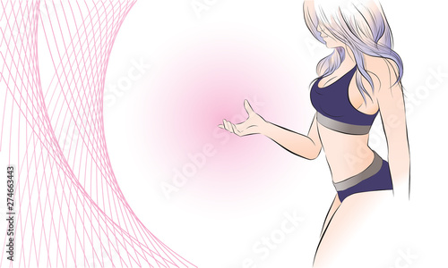 sexy girl in dark blue two piece healthy body shape. show hand to hold something. with pink line background vector illustration isolated hand drawn