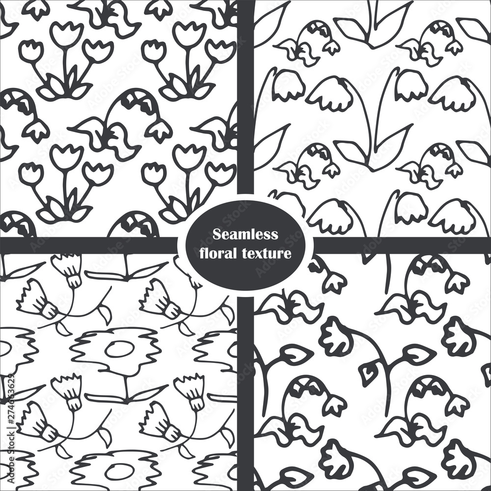 Set of seamless floral patterns. Hand drawn linear black and white doodle illustration
