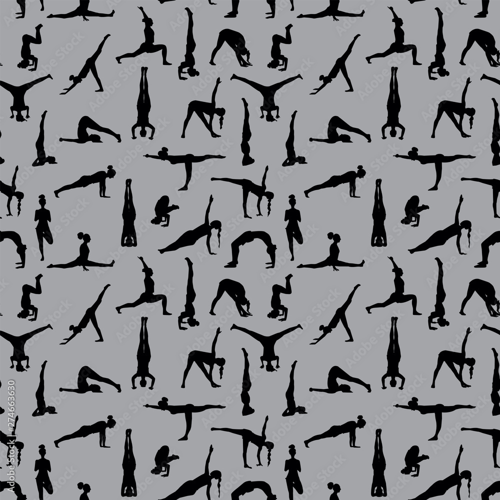 yoga poses silhouettes seamless pattern. vector gray background