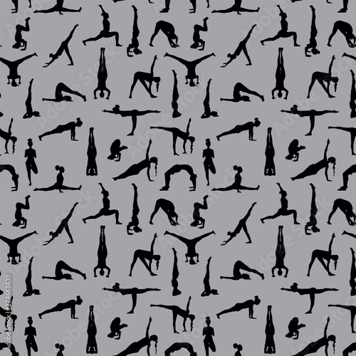yoga poses silhouettes seamless pattern. vector gray background