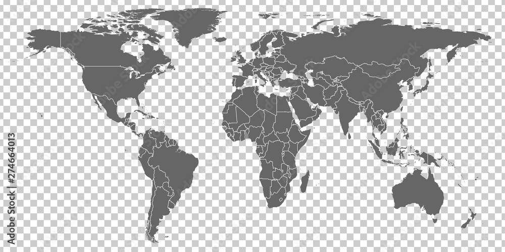 Obraz premium Wektor mapa świata. Szary wektor pusty mapa świata podobny na przezroczystym tle. Szara podobna mapa świata z granicami wszystkich krajów. Wysokiej jakości mapa świata. Wektor zapasów. Ilustracja wektorowa EPS