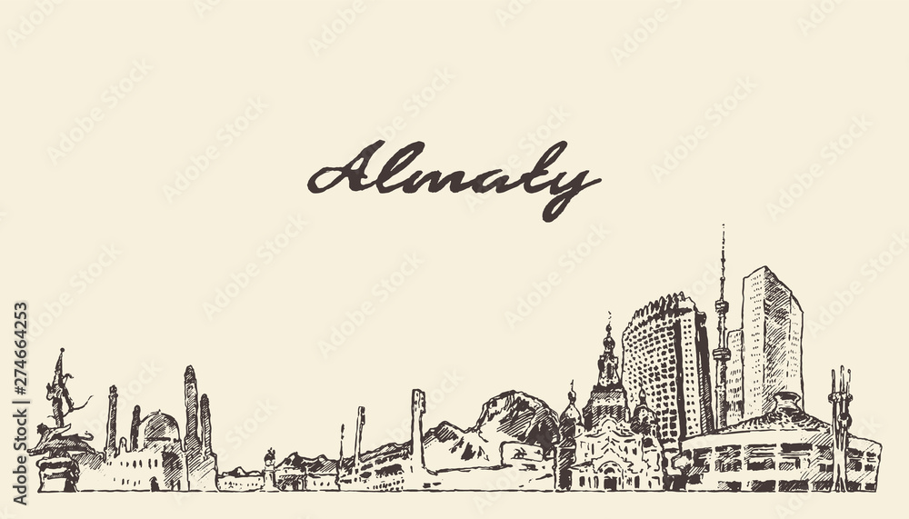 Almaty skyline Kazakhstan hand drawn vector sketch Almaty skyline Kazakhstan hand drawn vector sketch