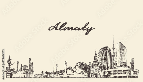 Almaty skyline Kazakhstan hand drawn vector sketch