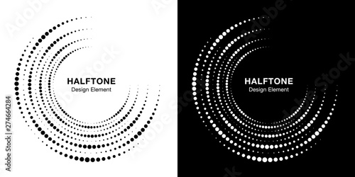 Set of Halftone incomplete circle frame dots logo isolated on background. Circular part design element for treatment, technology. Half round border Icon using halftone circle dots texture. Vector