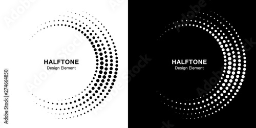 Set of Halftone incomplete circle frame dots logo isolated on background. Circular part design element for treatment, technology. Half round border Icon using halftone circle dots texture. Vector