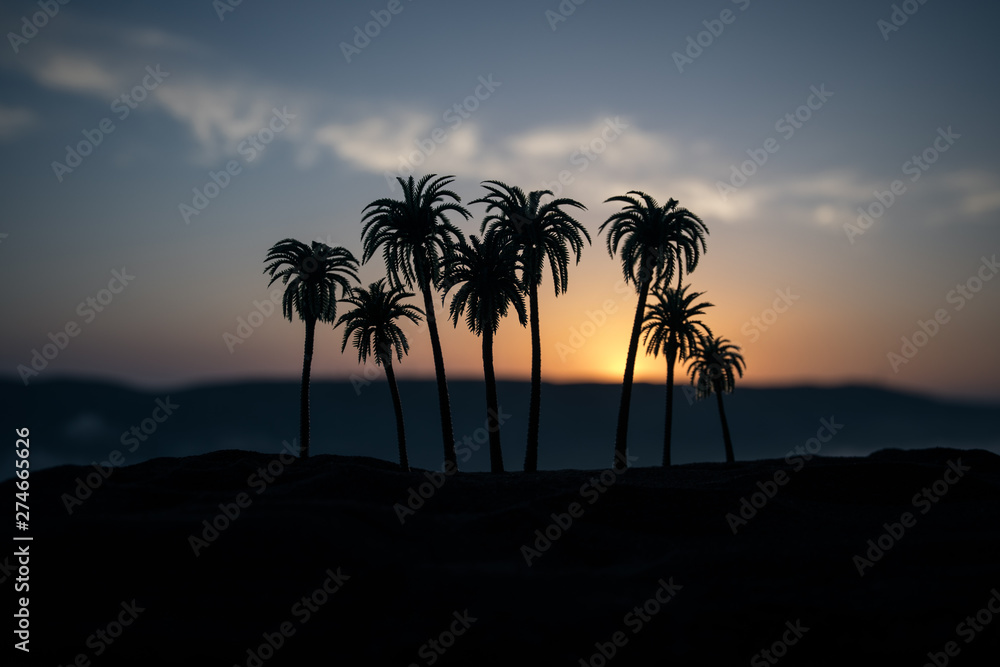 Tropical palm coconut trees on sunset sky nature background. Silhouette coconut palm trees on beach at sunset