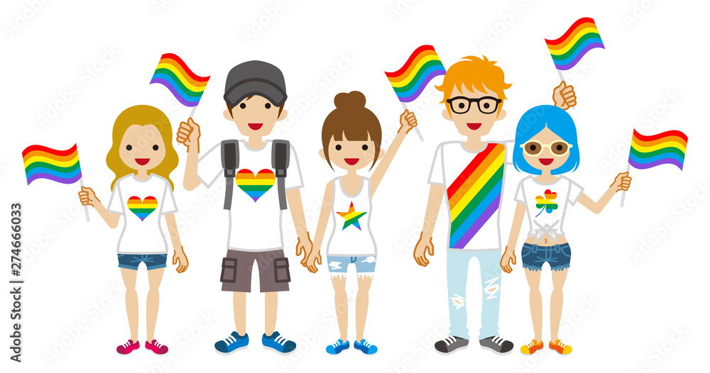 Young adults group holding rainbow flags - LGBT parade concept art