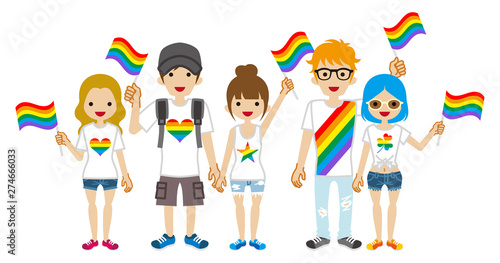 Young adults group holding rainbow flags - LGBT parade concept art
