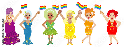 Six drag queens holding rainbow flags - LGBT parade concept art