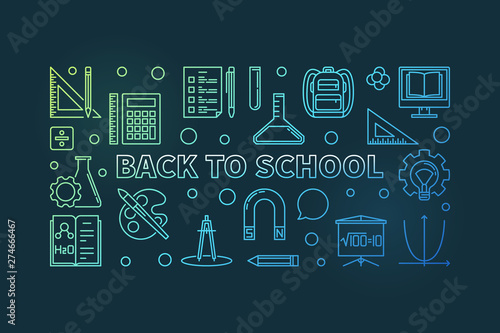 Back to School vector colored concept linear horizontal illustration or banner on dark background