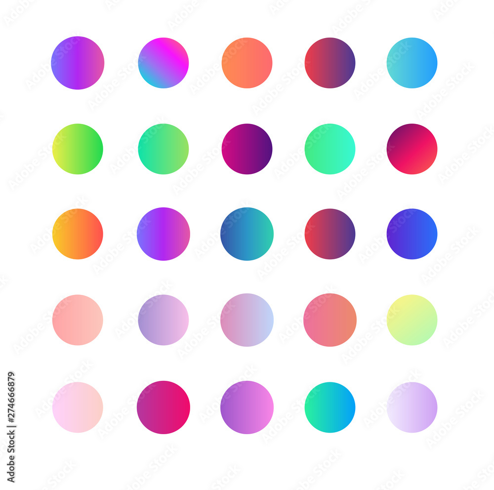Set round soft color modern abstract gradients on white background. Rounded holographic gradient sphere button. Multicolor green, purple, orange, cyan fluid circle gradients for web and mobile app
