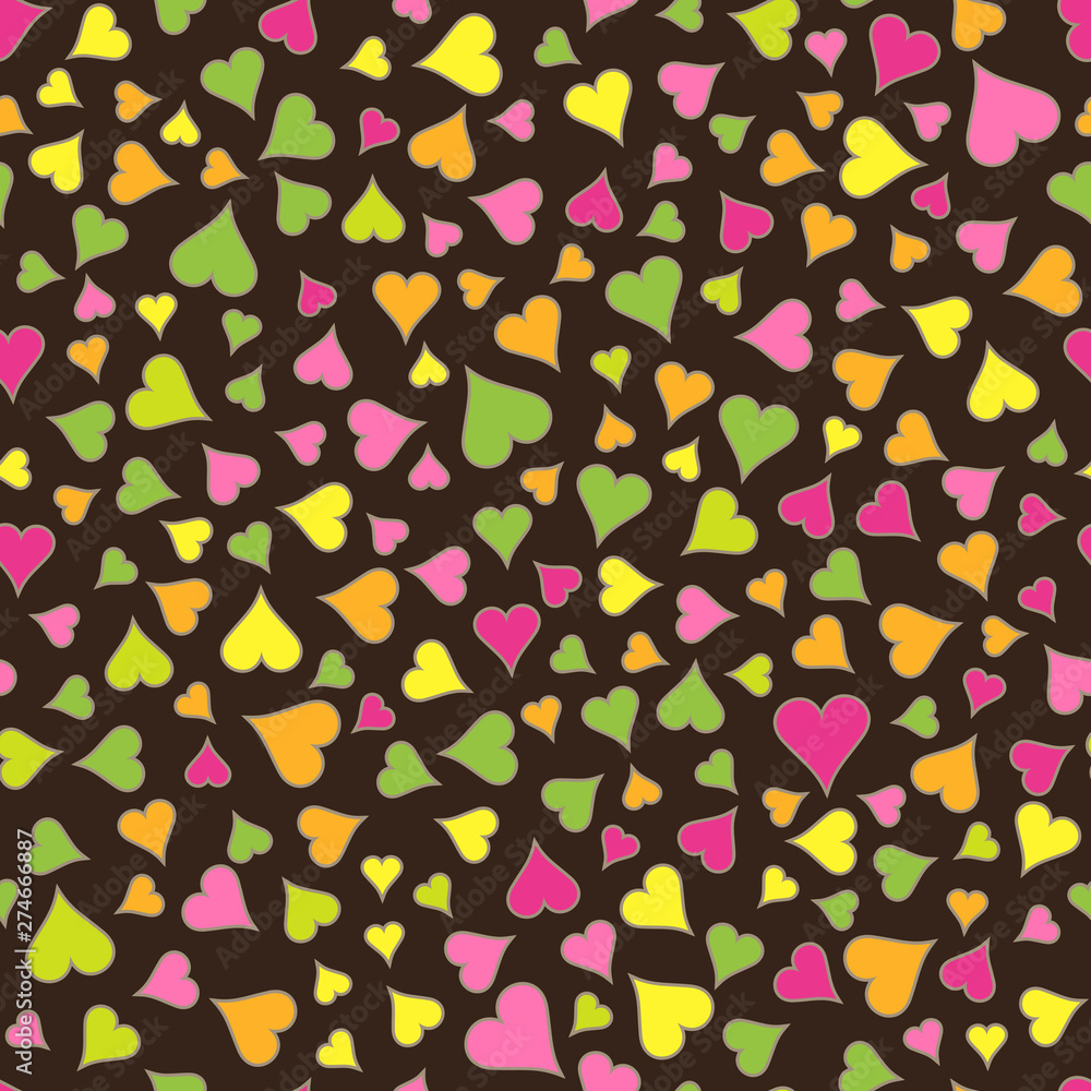Abstract Seamless Pattern of Bright Colored Hearts on Dark Brown Backdrop. Abstract Seamless Pattern of Bright Colored Hearts on Dark Brown Backdrop.