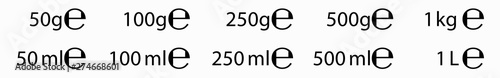 E sign (e-mark) for estimated weights and volumes. Vector symbol for packaging and labels used in the European Union for prepacked foods, drinks and cosmetics in different grams and milliliters.