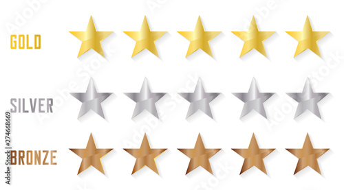 Gold, silver and bronze five star icons with realistic gradient colors isolated on white background. Vector set of 5 ranking cartoon shiny metal stars.