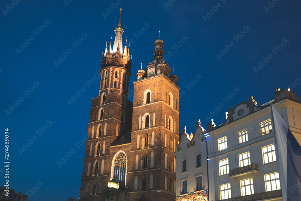 Night, Mariacki Church, Krakow, Poland, Europe