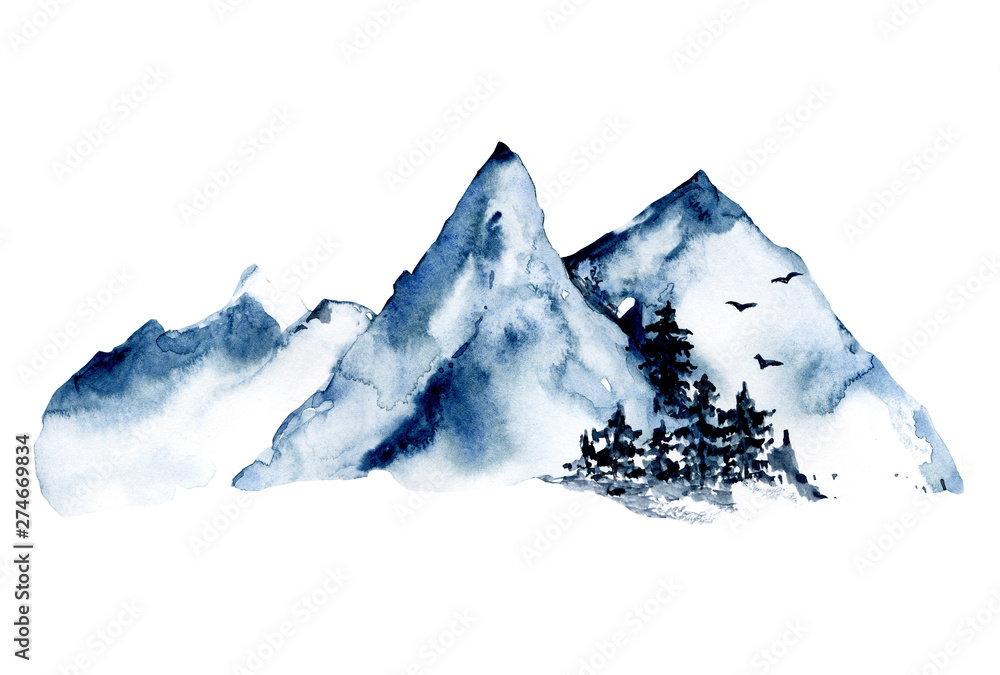 Mountains, forest nature landscape. Watercolor wildlife. Perfectly for tourism and outdoor design. Hand painting sketch scenery. Illustration isolated on white background. 
