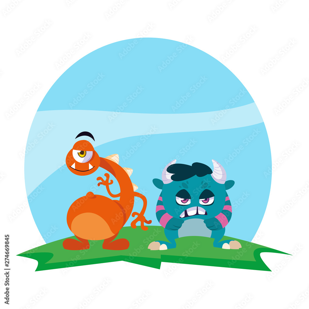 Obraz premium funny monsters couple in the field characters colorful