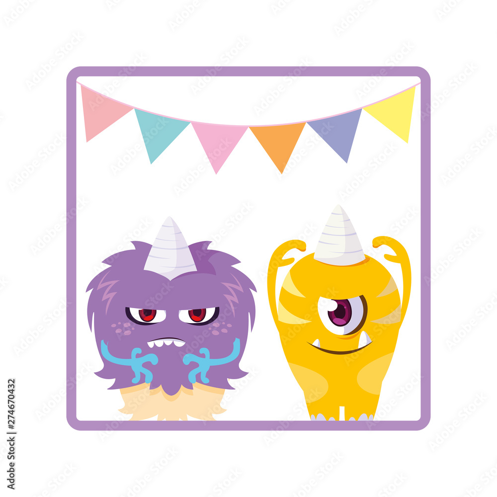 square frame with funny monsters and garlands hanging square frame with funny monsters and garlands hanging