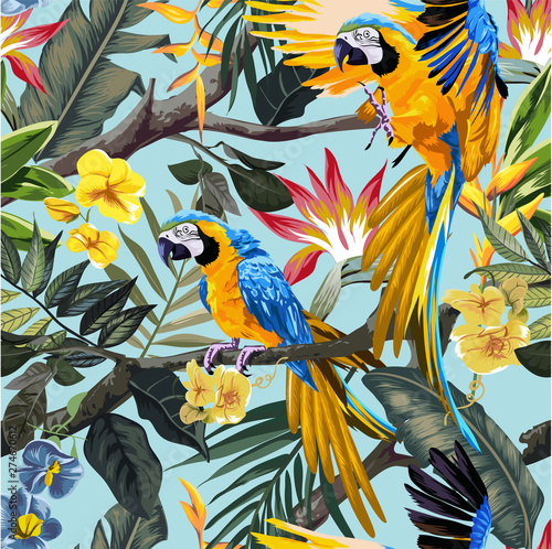 macaw bird in exotic forest seamless pattern