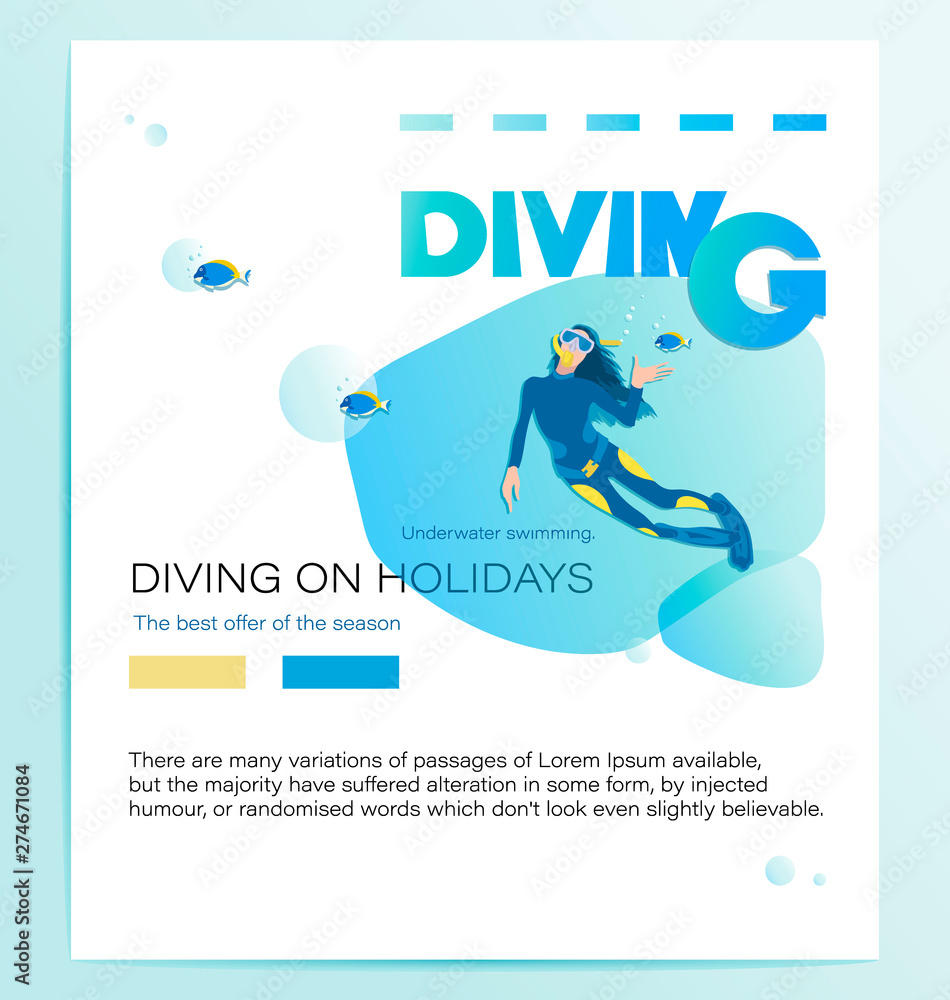 DIVING ON HOLIDAYS. Girl scuba diver and tropical fish. The best offer of the season. Young woman in a diving suit and fins swimming underwater. Underwater background. DIVING ON HOLIDAYS. Girl scuba diver and tropical fish. The best offer of the season. Young woman in a diving suit and fins swimming underwater. Underwater background.