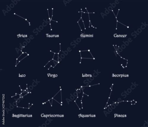 Set of 12 white glowing zodiac constellations with titles isolated on dark background: Aries, Taurus, Gemini, Cancer, Leo, Virgo, Libra, Scorpius, Sagittarius Capricornus Aquarius Pisces