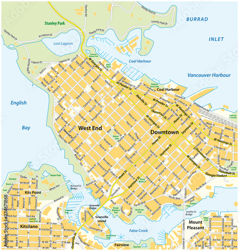 Detailed street map of downtown Vancouver, British Columbia, Canada