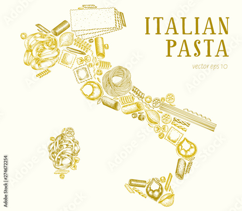 Pasta in the shape of Italy. Hand drawn vector food illustration. Engraved style design template. Vintage pasta different kinds background.