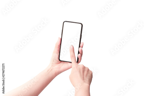 Woman hand holding the black smartphone