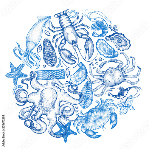 Seafood and fish background. Hand drawn vector illustrations. Retro food banner. Can be used for design menu, packaging, recipes, label, fish market, seafood products.