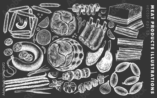 Vintage vector meat products illustrations on chalk board. Hand drawn ham, sausages, jamon, meat steak, spices and herbs. Meat food ingredients. Can be use for label, restaurant menu.